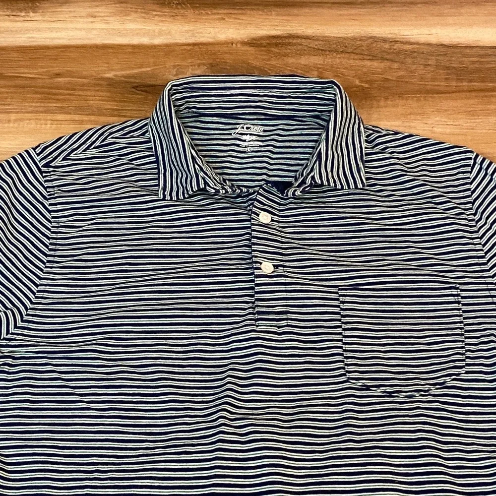 J‎ Crew Polo Shirt Mens Large Slub Cotton Yarns Navy Green Striped